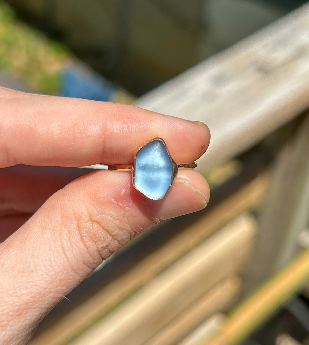 GOLD size 7 cornflower blue sea glass ring