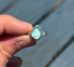 SILVER size 6.5 turquoise sea glass