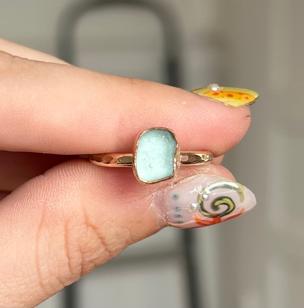 size 7.5 turquoise sea glass ring