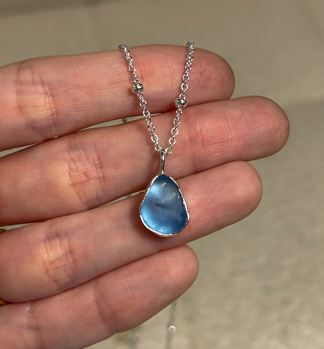 silver sea glass necklace - cornflower