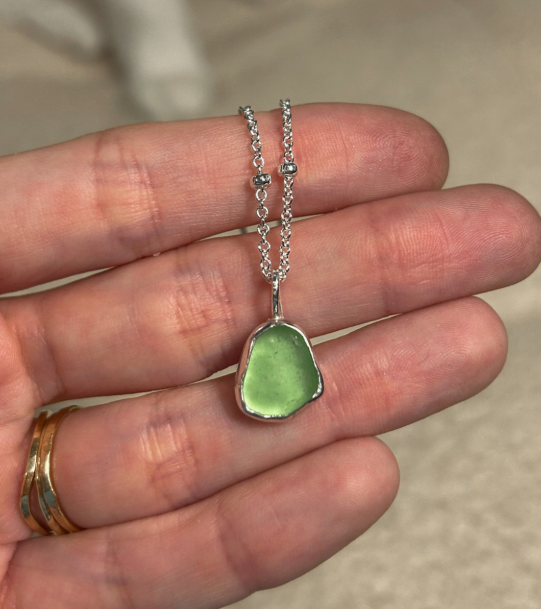 silver sea glass necklace - lime