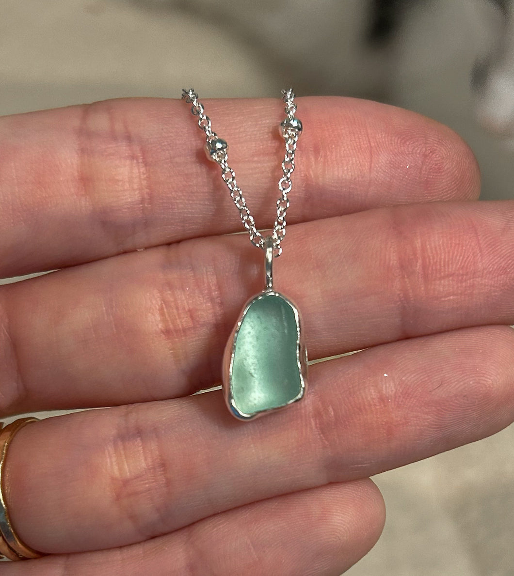 silver sea glass necklace - turquoise