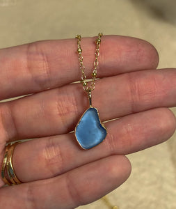 gold sea glass necklace -cornflower *flawed