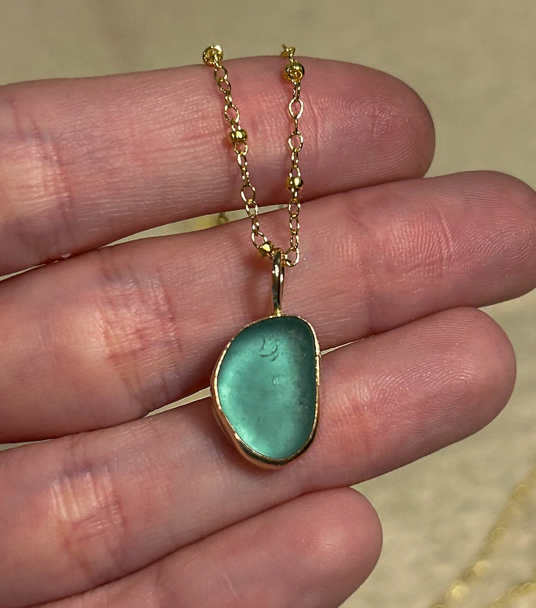 gold sea glass necklace - teal