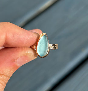 GOLD size 8 turquoise sea glass