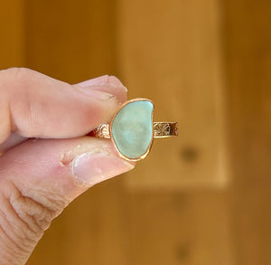 GOLD size 9 turquoise sea glass