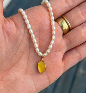 pearl + sea glass necklace - yellow