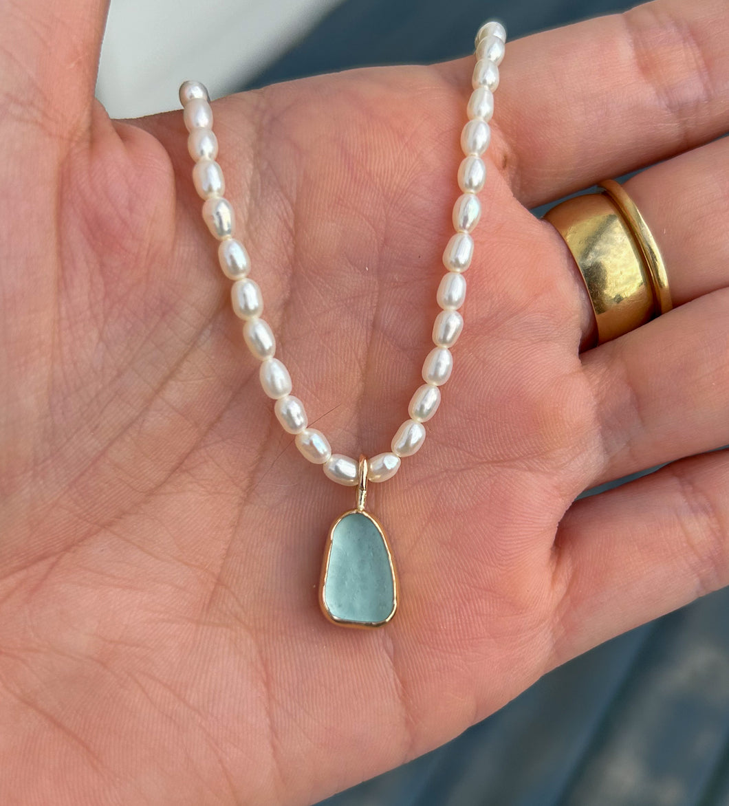 pearl + sea glass necklace - turquoise