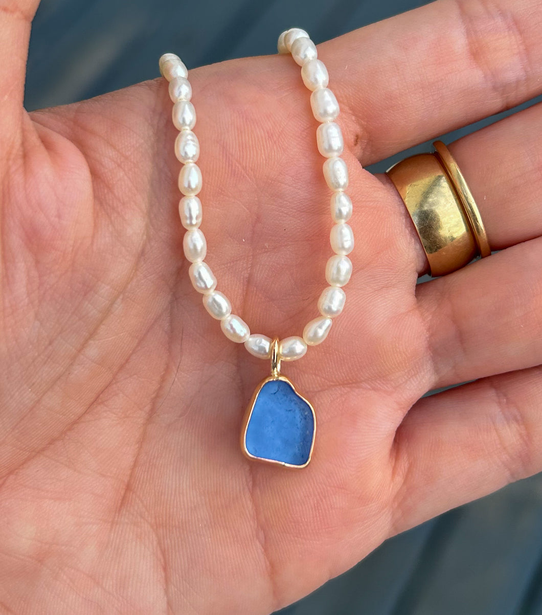 pearl + sea glass necklace - cornflower blue