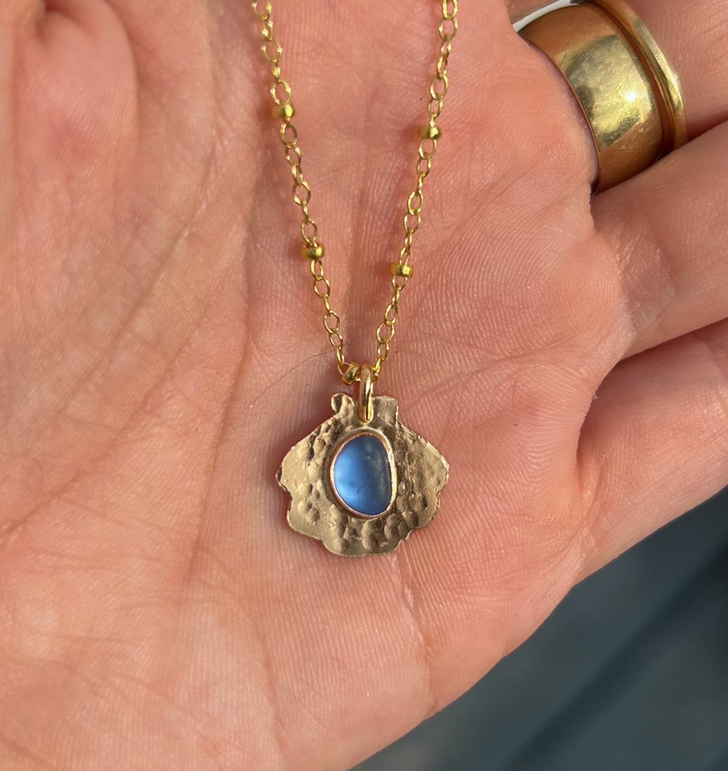 shell pendant with sea glass - cornflower blue