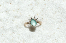 Load image into Gallery viewer, gold teal (size 8) sea glass + sun halo ring set
