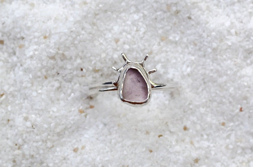 silver pink (size 8) sea glass + sun halo ring set